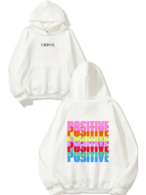 Urbvn Positive Renkli Tasarım Baskılı Oversize Beyaz Kapüşonlu Sweatshirt
