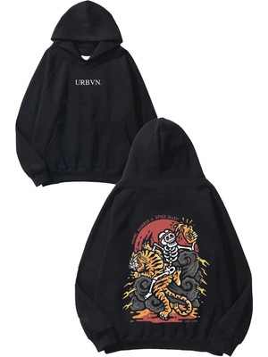 Urbvn Tiger Skull Tasarım Baskılı Oversize Siyah Kapüşonlu Sweatshirt