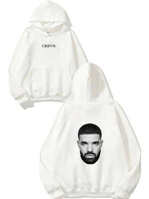 Urbvn Drake Yüz Tasarım Baskılı Oversize Beyaz Kapüşonlu Sweatshirt