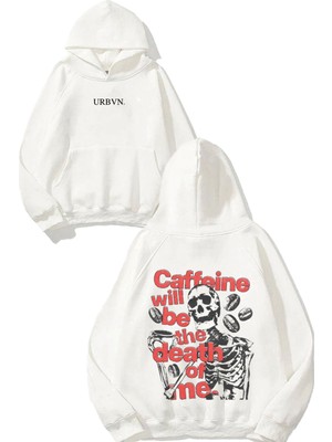 Urbvn Caffeine Tasarım Baskılı Oversize Beyaz Kapüşonlu Sweatshirt