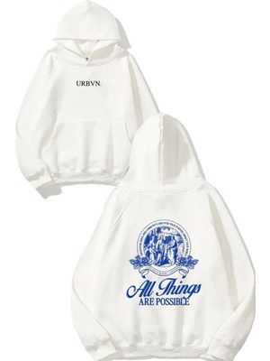 Urbvn Possible Tasarım Baskılı Oversize Beyaz Kapüşonlu Sweatshirt