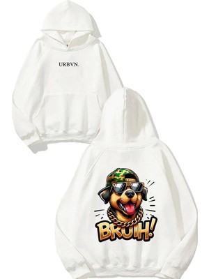 Urbvn Cap Dog Tasarım Baskılı Oversize Beyaz Kapüşonlu Sweatshirt