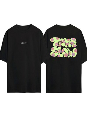 Urbvn Take Slow Tasarım Baskılı Siyah Oversize T Shirt