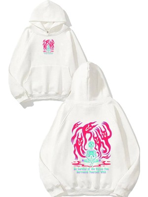 Urbvn Pink Ghosts Tasarım Baskılı Oversize Beyaz Kapüşonlu Sweatshirt