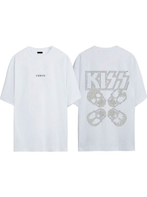 Urbvn Kiss Tasarım Baskılı Beyaz Oversize T-Shirt
