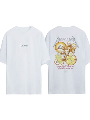 Urbvn Metallica Skull Eyes Tasarım Baskılı Beyaz Oversize T-Shirt