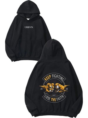 Urbvn Keep Fight Tasarım Baskılı Oversize Siyah Kapüşonlu Sweatshirt
