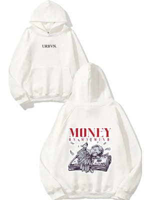 Urbvn Money On My Mind Tasarım Baskılı Oversize Beyaz Kapüşonlu Sweatshirt