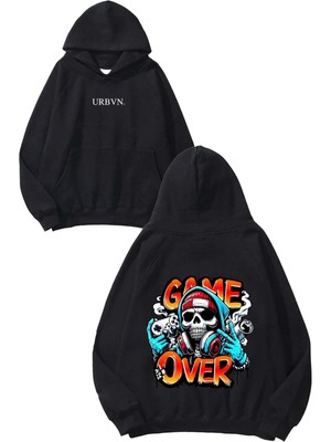Urbvn Game Over Sprey Tasarım Baskılı Oversize Siyah Kapüşonlu Sweatshirt