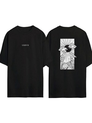 Urbvn Japan Sun Tasarım Baskılı Siyah Oversize T Shirt