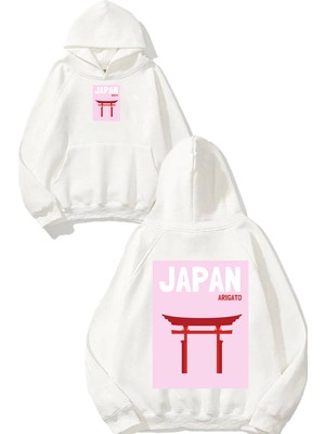 Urbvn Japan Gates Tasarım Baskılı Oversize Beyaz Kapüşonlu Sweatshirt