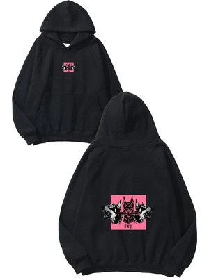 Urbvn Pink Pitbulls Tasarım Baskılı Oversize Siyah Kapüşonlu Sweatshirt