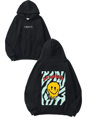 Urbvn No Bad Days Tasarım Baskılı Oversize Siyah Kapüşonlu Sweatshirt