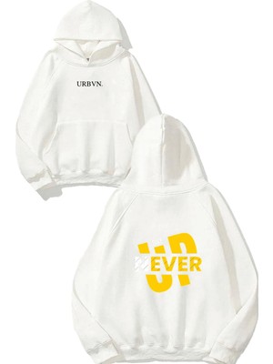 Urbvn Never Give Tasarım Baskılı Oversize Beyaz Kapüşonlu Sweatshirt
