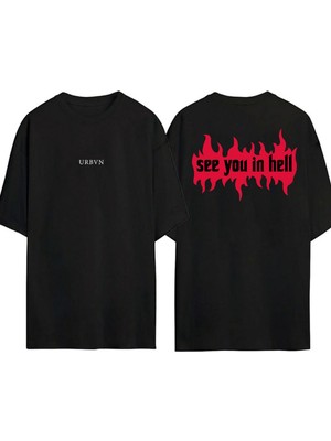Urbvn See You Hell Tasarım Baskılı Siyah Oversize T Shirt