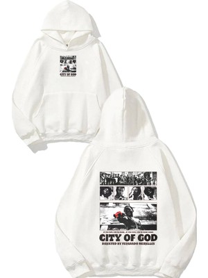 Urbvn City Of God Tasarım Baskılı Oversize Beyaz Kapüşonlu Sweatshirt
