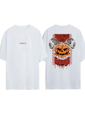 Urbvn Halloween Goat Tasarım Baskılı Beyaz Oversize T-Shirt