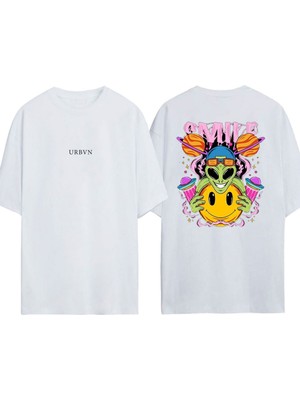 Urbvn Smile 8 Tasarım Baskılı Beyaz Oversize T-Shirt