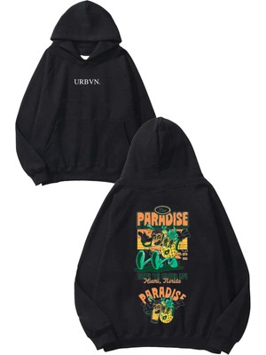 Urbvn The Paradise Tasarım Baskılı Oversize Siyah Kapüşonlu Sweatshirt