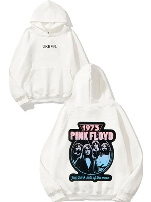 Urbvn 1973 Pink Floyd Tasarım Baskılı Oversize Beyaz Kapüşonlu Sweatshirt