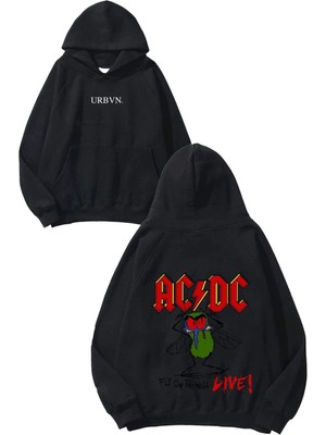 Urbvn Acdc Live Tasarım Baskılı Oversize Siyah Kapüşonlu Sweatshirt