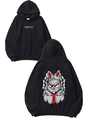Urbvn Angry Rabbit Tasarım Baskılı Oversize Siyah Kapüşonlu Sweatshirt