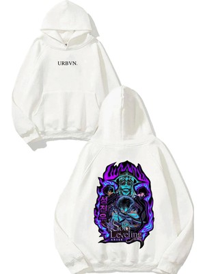 Urbvn Solo Leveling Tasarım Baskılı Oversize Beyaz Kapüşonlu Sweatshirt