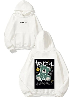 Urbvn Too Cool Tasarım Baskılı Oversize Beyaz Kapüşonlu Sweatshirt