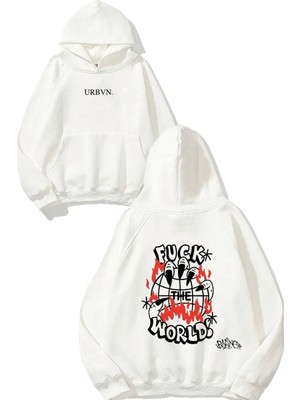Urbvn Fck World Tasarım Baskılı Oversize Beyaz Kapüşonlu Sweatshirt