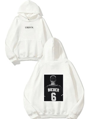 Urbvn Bieber 6 Tasarım Baskılı Oversize Beyaz Kapüşonlu Sweatshirt