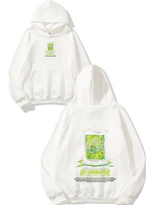 Urbvn Re Animator Tasarım Baskılı Oversize Beyaz Kapüşonlu Sweatshirt
