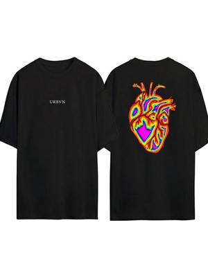 Urbvn Thermal Heart Tasarım Baskılı Siyah Oversize T Shirt