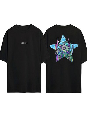 Urbvn Turtles Star Tasarım Baskılı Siyah Oversize T Shirt