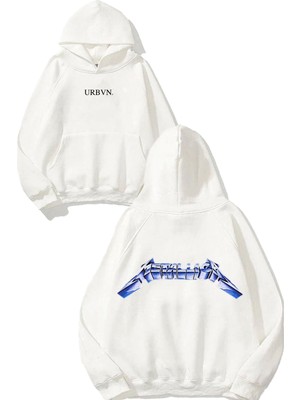 Urbvn Metallica Blue Tasarım Baskılı Oversize Beyaz Kapüşonlu Sweatshirt