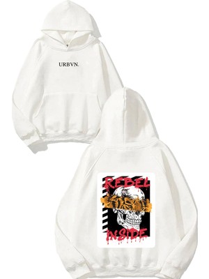 Urbvn Rebel Inside Tasarım Baskılı Oversize Beyaz Kapüşonlu Sweatshirt