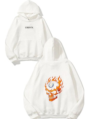 Urbvn 8 Top Tasarım Baskılı Oversize Beyaz Kapüşonlu Sweatshirt