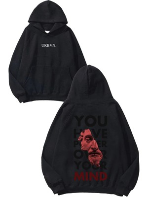 Urbvn Over Mind Tasarım Baskılı Oversize Siyah Kapüşonlu Sweatshirt