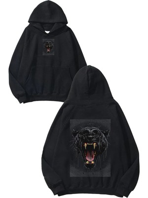 Urbvn Panther Tasarım Baskılı Oversize Siyah Kapüşonlu Sweatshirt