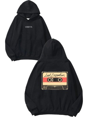 Urbvn LED Zeppelin Tasarım Baskılı Oversize Siyah Kapüşonlu Sweatshirt