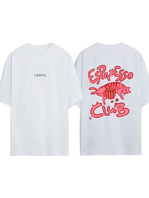 Urbvn Espresso Club Tasarım Baskılı Beyaz Oversize T-Shirt