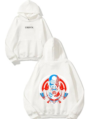 Urbvn Warrior Red Blue Tasarım Baskılı Oversize Beyaz Kapüşonlu Sweatshirt