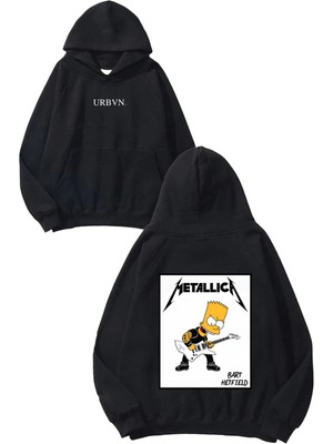 Urbvn Metallica Bart Tasarım Baskılı Oversize Siyah Kapüşonlu Sweatshirt