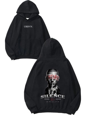 Urbvn Silence Man Tasarım Baskılı Oversize Siyah Kapüşonlu Sweatshirt