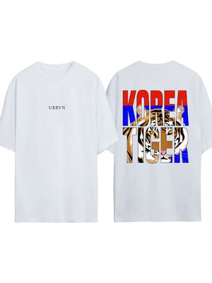 Urbvn Korea Tiger Tasarım Baskılı Beyaz Oversize T-Shirt