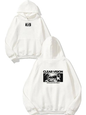 Urbvn Clear Vision Tasarım Baskılı Oversize Beyaz Kapüşonlu Sweatshirt