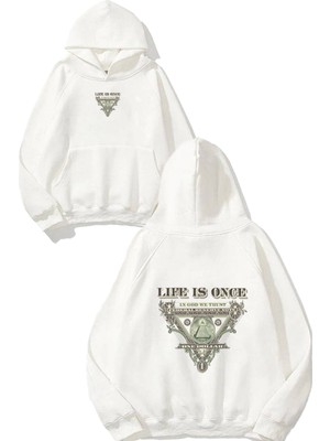 Urbvn Life Is Once Tasarım Baskılı Oversize Beyaz Kapüşonlu Sweatshirt