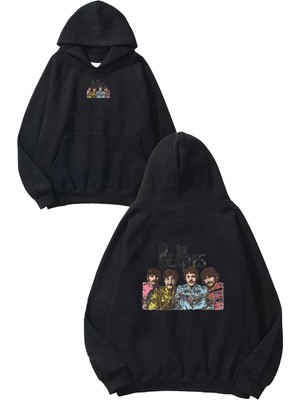 Urbvn Beatles Tasarım Baskılı Oversize Siyah Kapüşonlu Sweatshirt