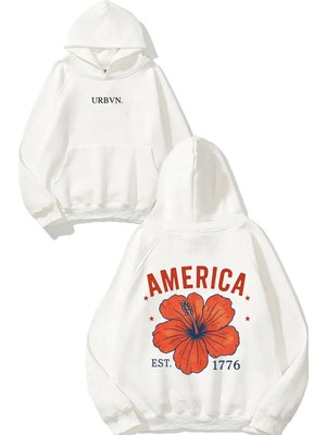 Urbvn America Flower Tasarım Baskılı Oversize Beyaz Kapüşonlu Sweatshirt