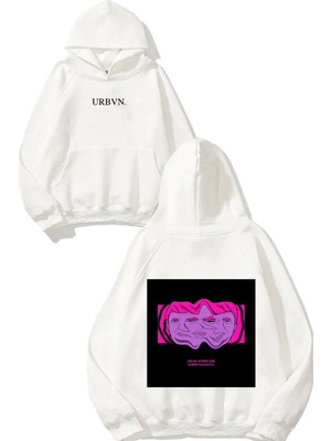 Urbvn Drunk Words Tasarım Baskılı Oversize Beyaz Kapüşonlu Sweatshirt