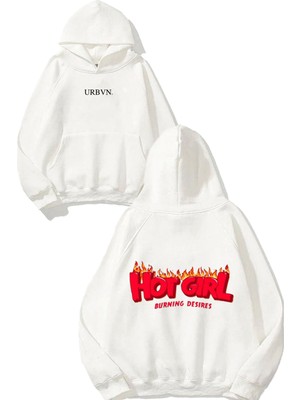 Urbvn Hot Girl Burning Tasarım Baskılı Oversize Beyaz Kapüşonlu Sweatshirt